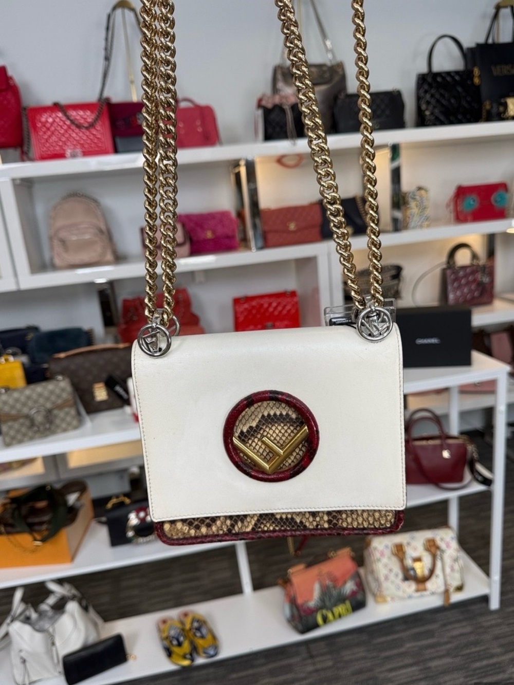Fendi White and Snake-Print Crossbody with Gold Chain